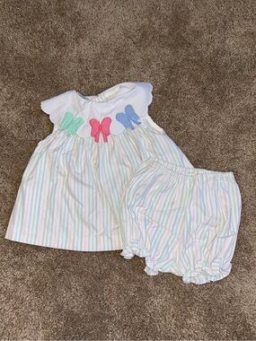 90s Baby Girls Pastel Stripe Dress & Bloomers Set with Bow Appliques
